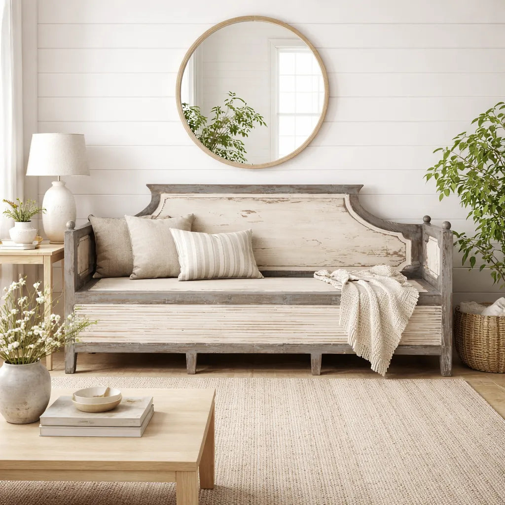 Living room with wooden bench, round mirror, and plants