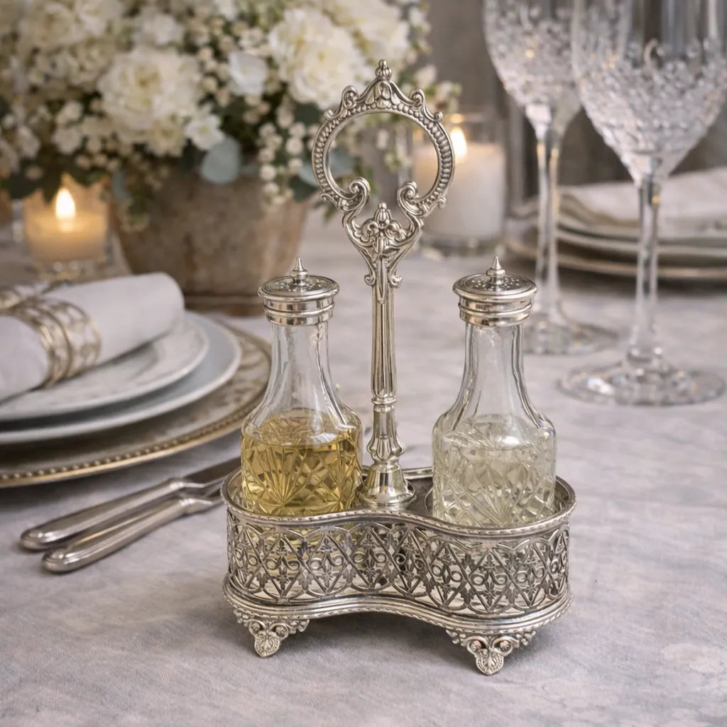 Decorative Antique silver-plated cruet set with glass bottles on a table setting with flowers and glasses.