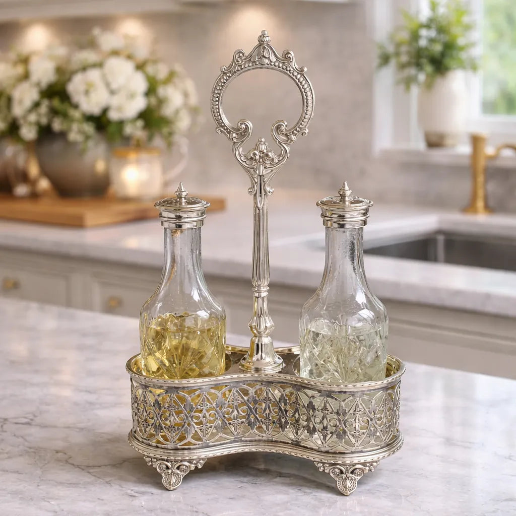 Decorative Antique silver-plated oil & vinegar holder on a kitchen counter