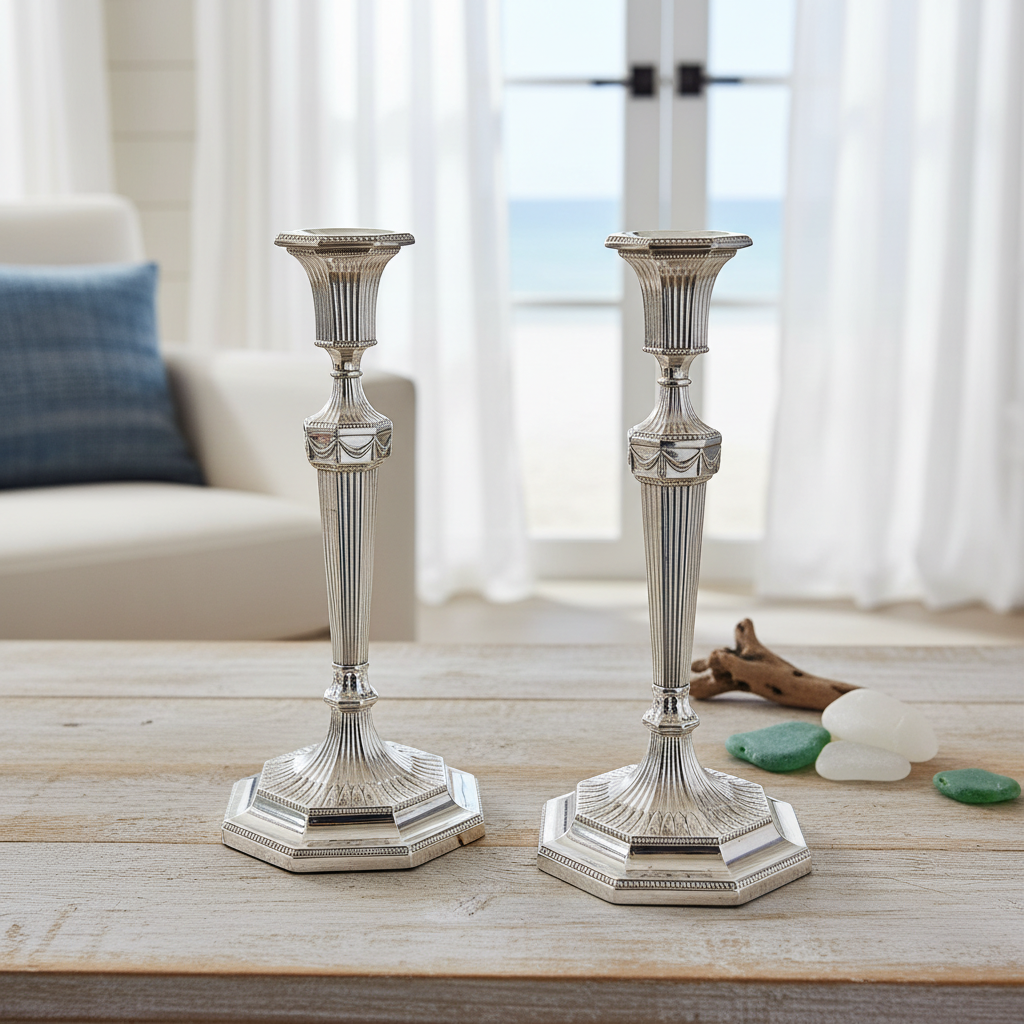 Antique English Silver Plate Candlesticks Pair – Octagonal Bead Edge, 11.5”, c.1860 on a wooden surface with a blurred indoor background