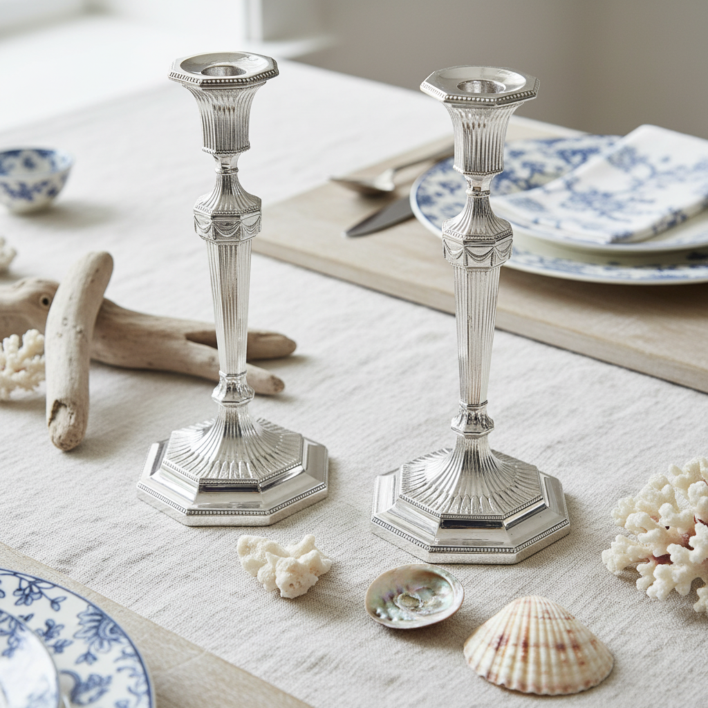 Antique English Silver Plate Candlesticks Pair – Octagonal Bead Edge, 11.5”, c.1860 on a table with seashells and coral