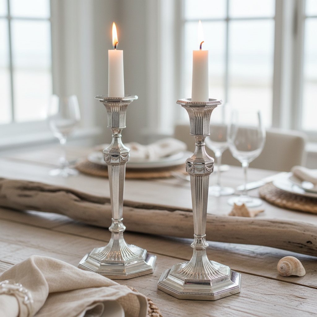 Antique English Silver Plate Candlesticks Pair – Octagonal Bead Edge, 11.5”, c.1860 with lit candles on a table setting with driftwood.