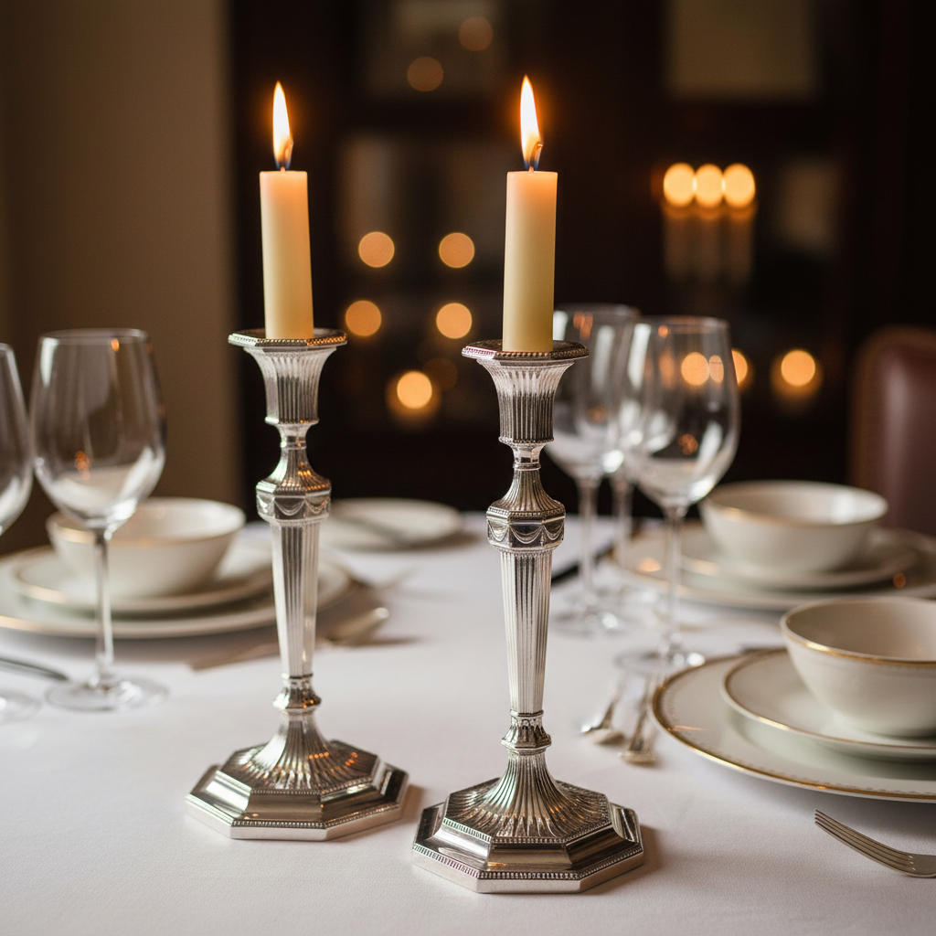 Antique English Silver Plate Candlesticks Pair – Octagonal Bead Edge, 11.5”, c.1860 with lit candles on a dinner table setting.