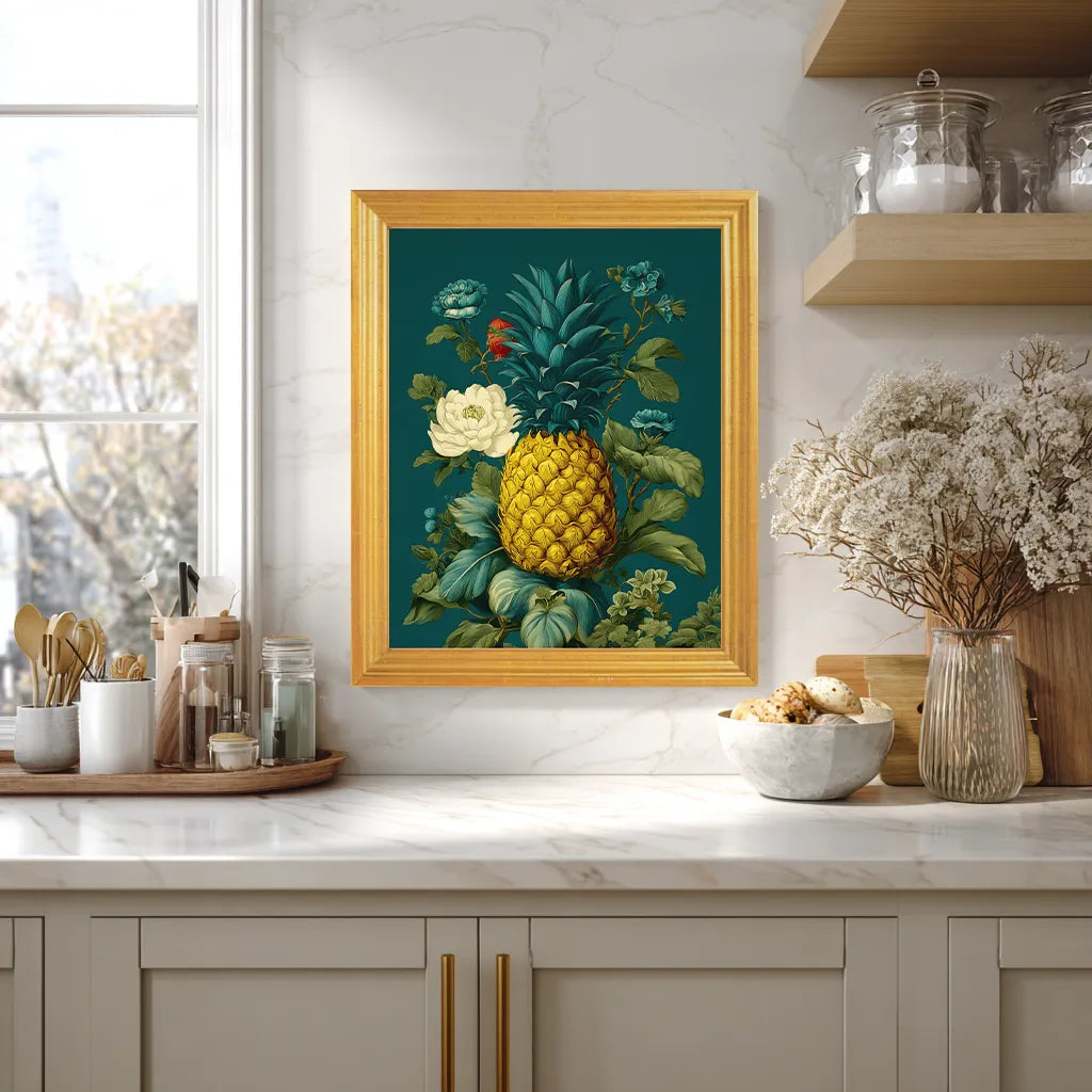 Framed pineapple wall art in antique gold frame, teal botanical print styled in a bright modern kitchen, 8x10 size