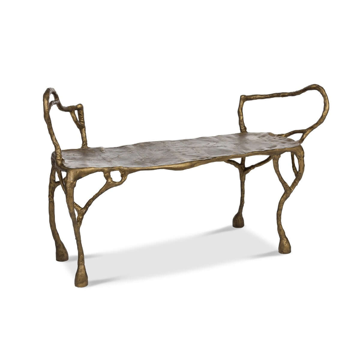 Antique gold bench with natural branch-like design on a white background