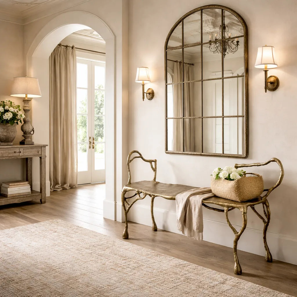 Decorative interior with a large mirror, antique gold bench, and lamp in a well-lit room.