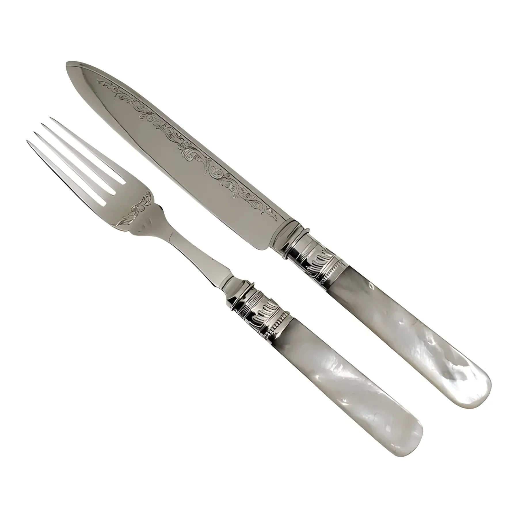 Silver plated fork and knife set with mother-of-pearl handles on a white background