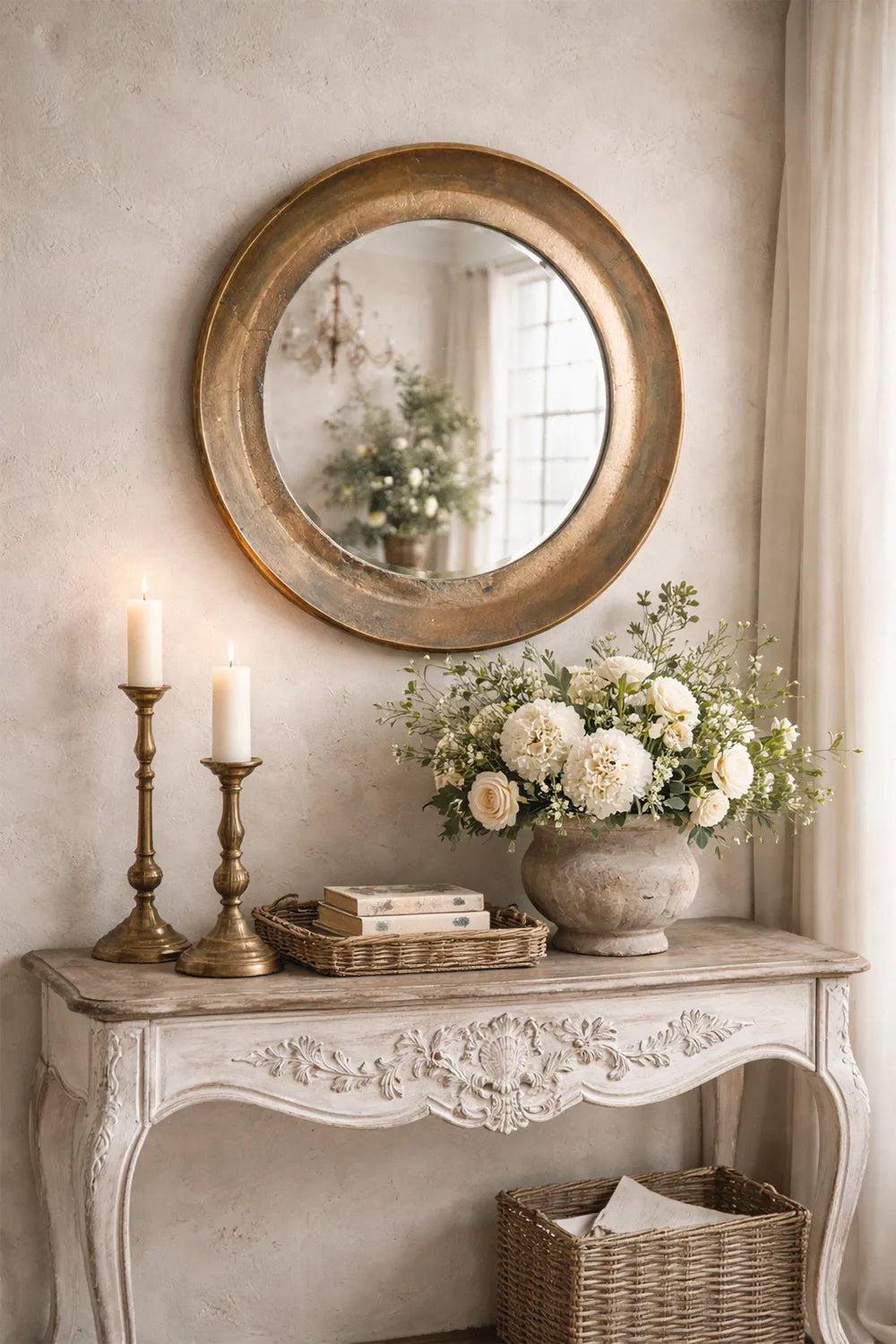 Decorative console table with round antique nickel mirror, candles, and flowers against a neutral wall.