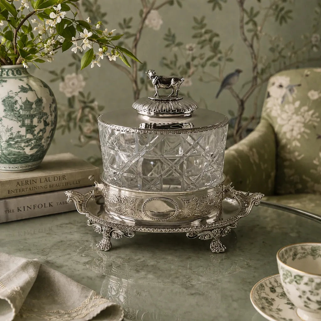 Antique sterling silver biscuit box London 1869 with crystal body, Victorian English silver container with cow finial on a table with pale green chinoiserie floral wallpaper in the background