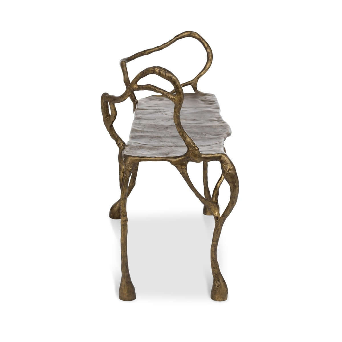 Side view of an antique gold bench with a textured gray seat on a white background