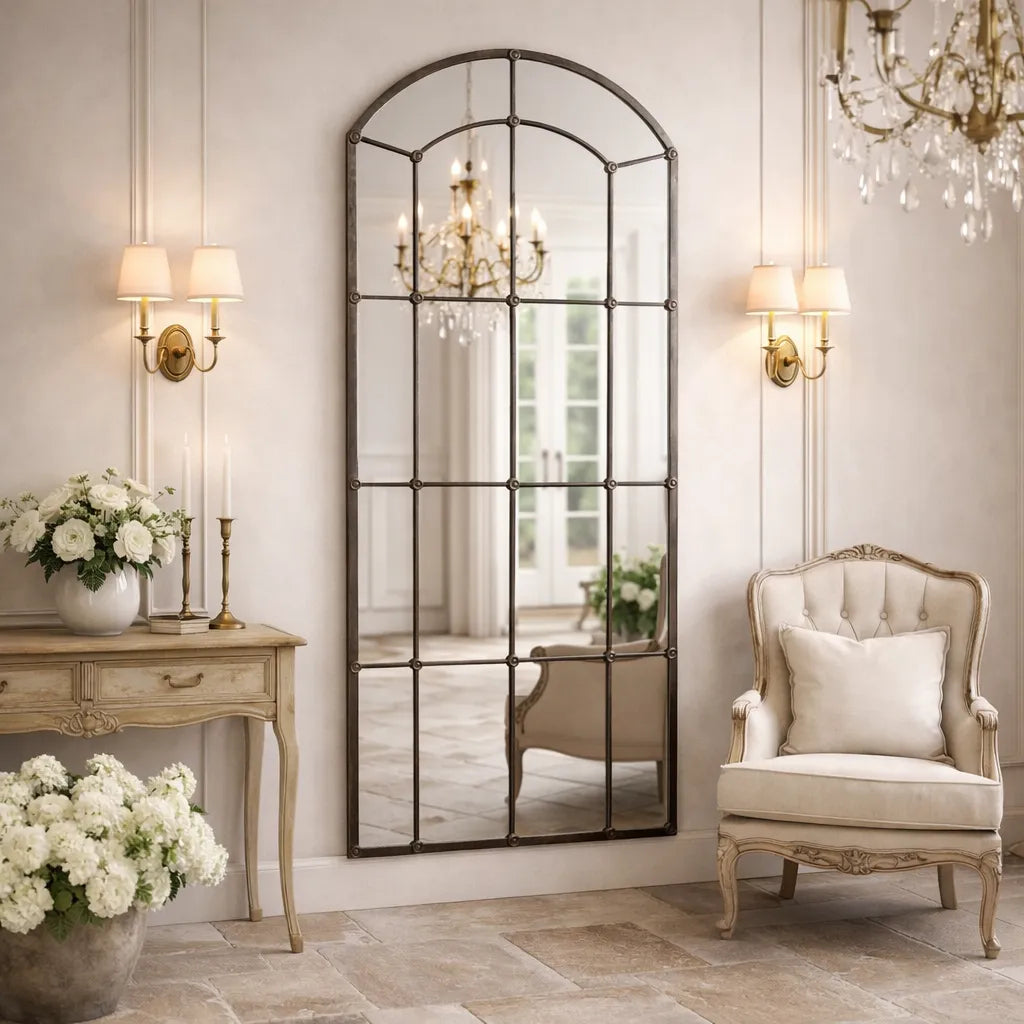 Luxurious interior with a large decorative mirror, armchair, and table with flowers.