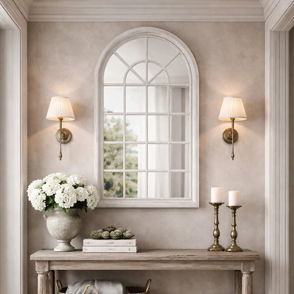 Niche with a white arched windowpane mirror, flowers, books, and candles on a wooden console table.