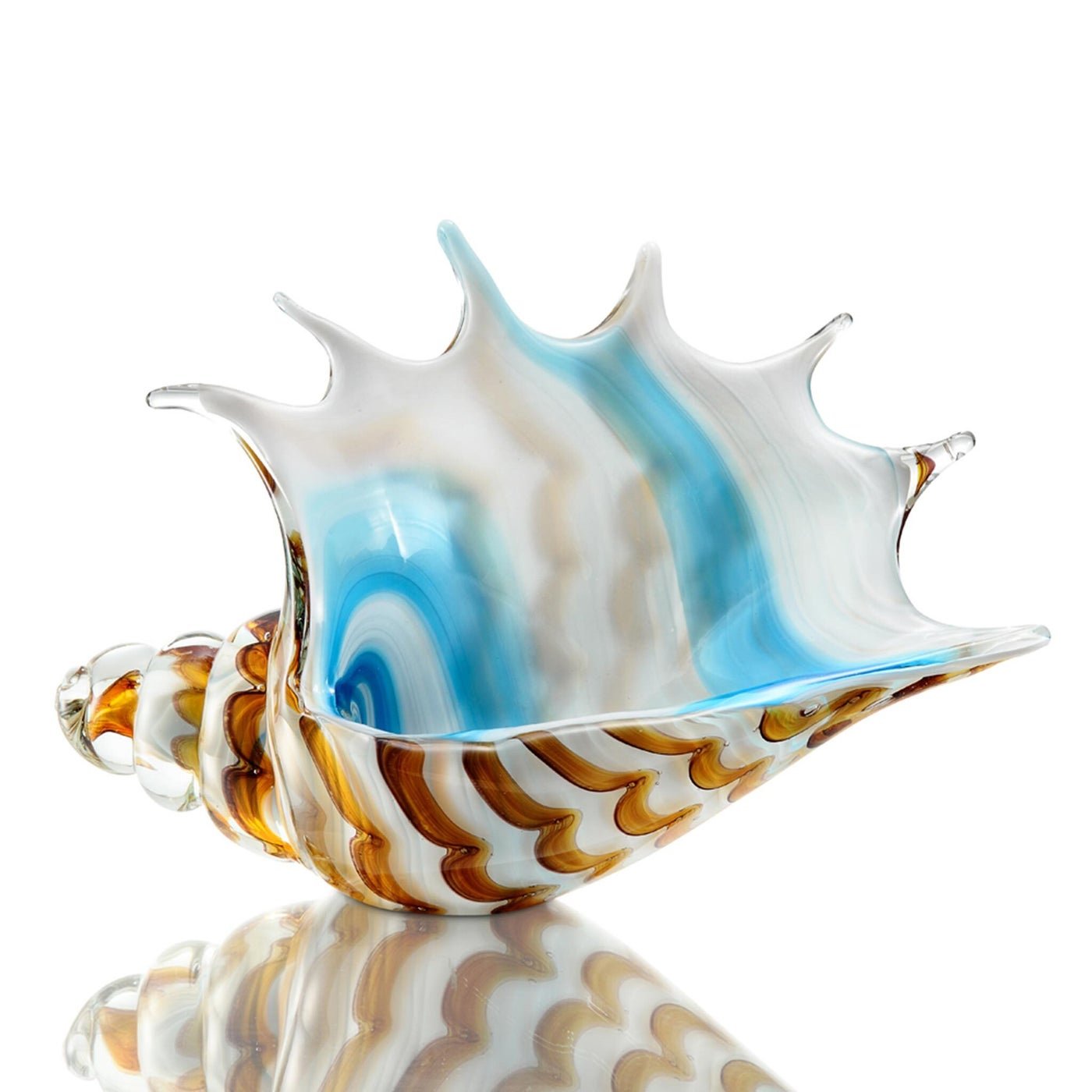 Decorative glass shell with blue and brown patterns on a white background