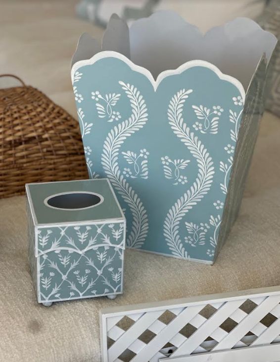 SKY BLUE SQUARE TRELLIS WASTEPAPER BASKET & TISSUE HOLDER