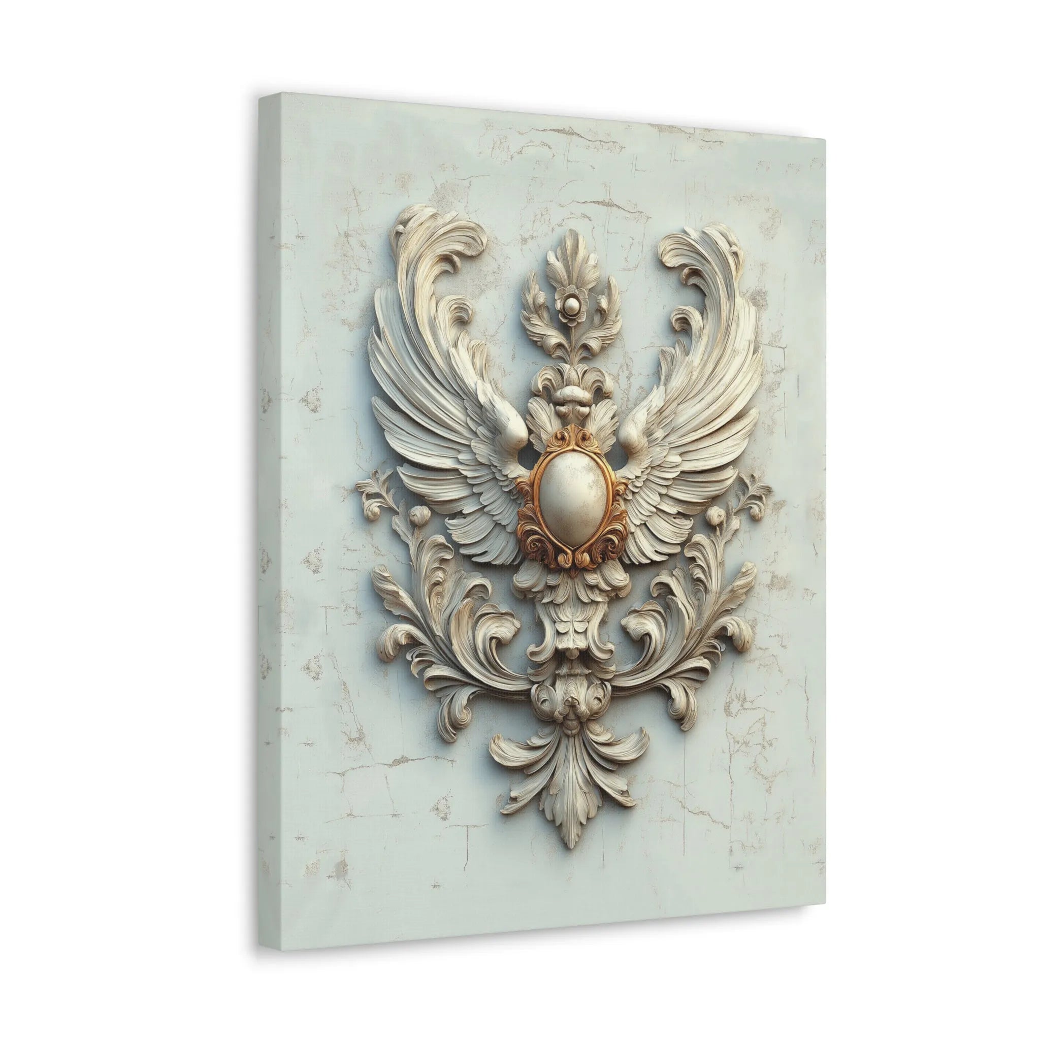Side view of gallery-wrapped canvas featuring an ornate Baroque winged crest design with carved flourishes and gold accents on a distressed blue backdrop.