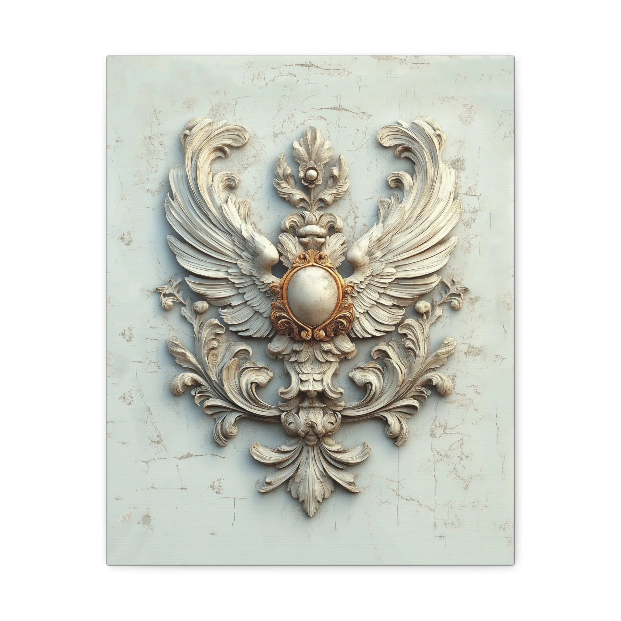 Baroque winged crest gallery-wrapped canvas print with ornate scrollwork, sculpted wings, and antique gold detailing on a soft weathered blue background.