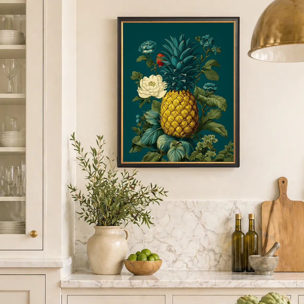 Large pineapple wall art in black and gold frame, teal botanical artwork displayed in a modern kitchen, 16x20 size