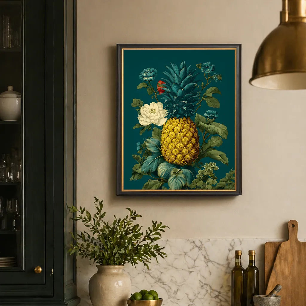 Framed pineapple botanical print in black and gold frame on teal background, styled in a refined kitchen interior, 16x20
