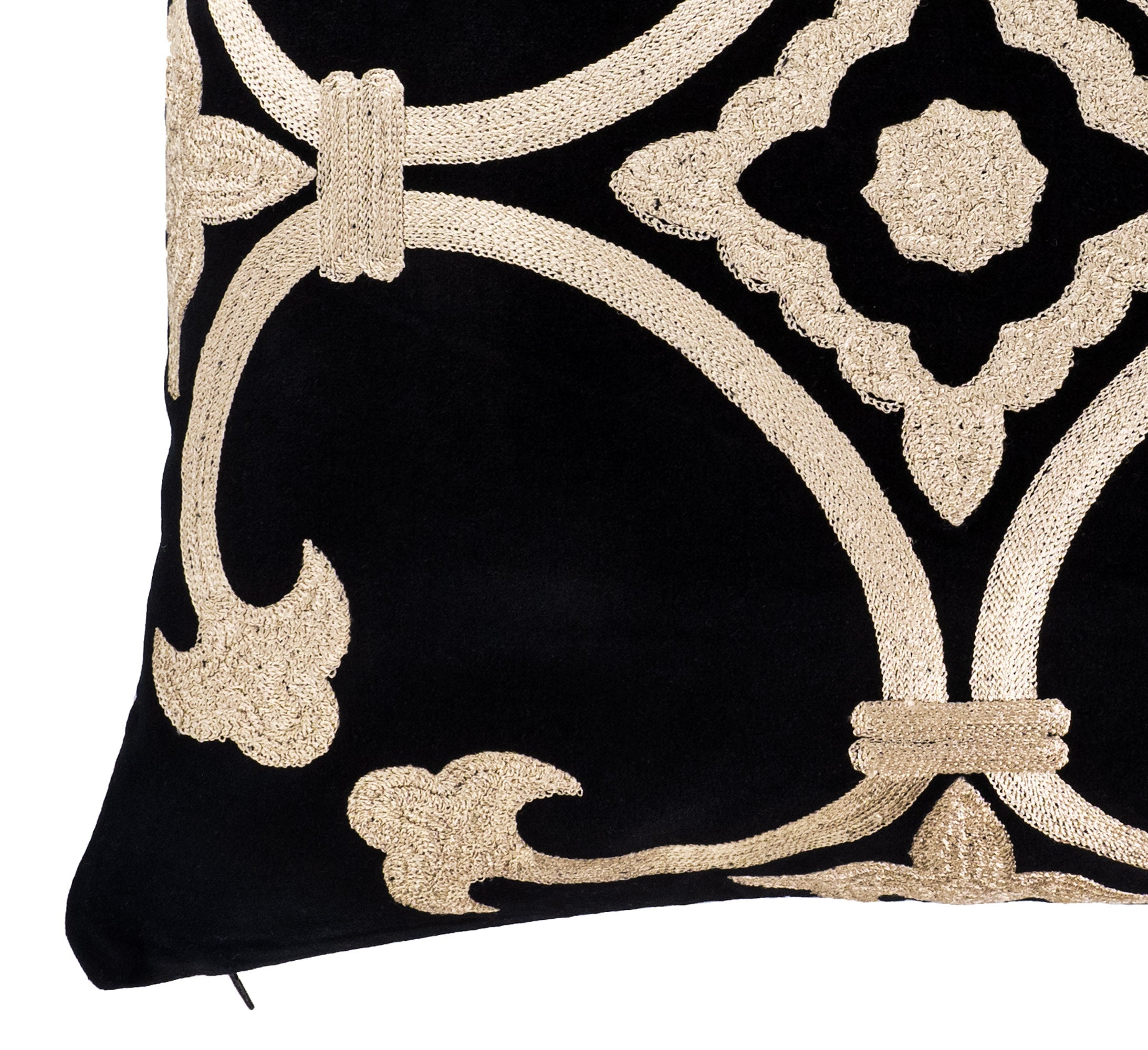 Black Velvet Pillow Cover with Gold Embroidery, 20 x 20