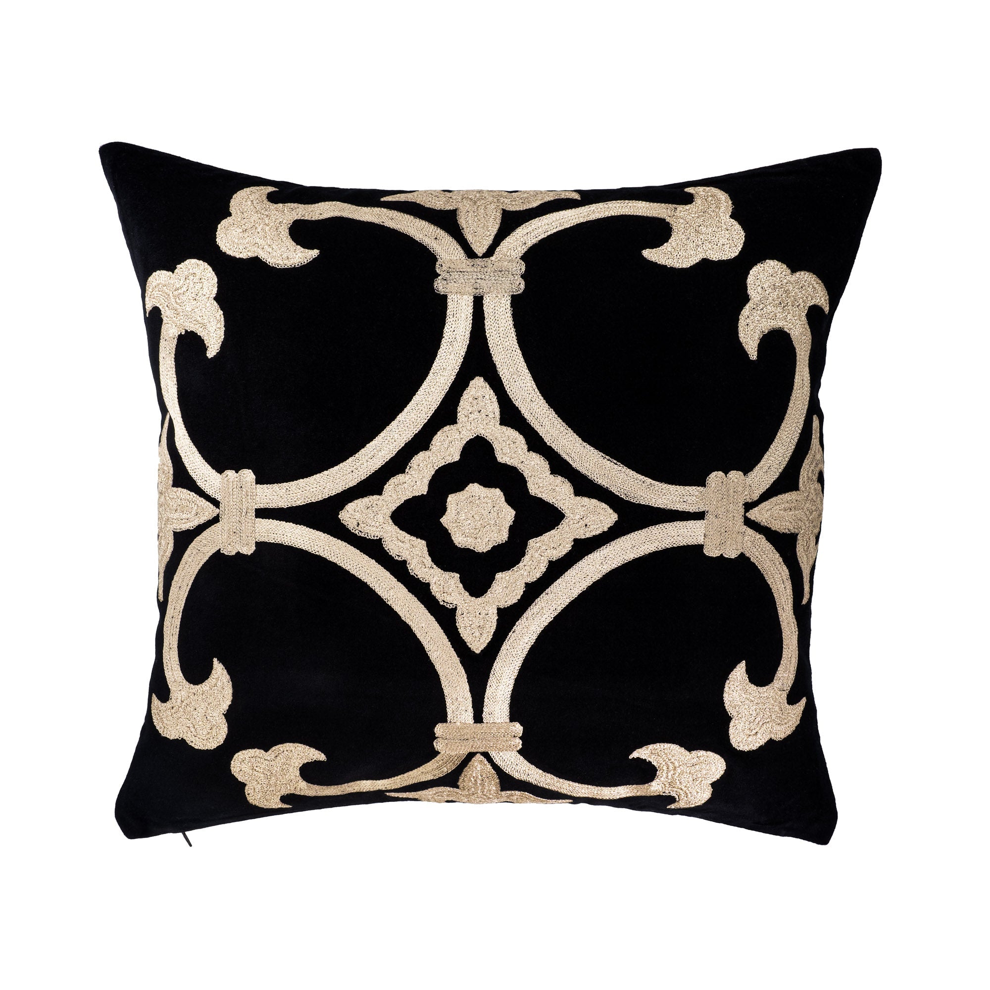 Black Velvet Pillow Cover with Gold Embroidery, 20 x 20