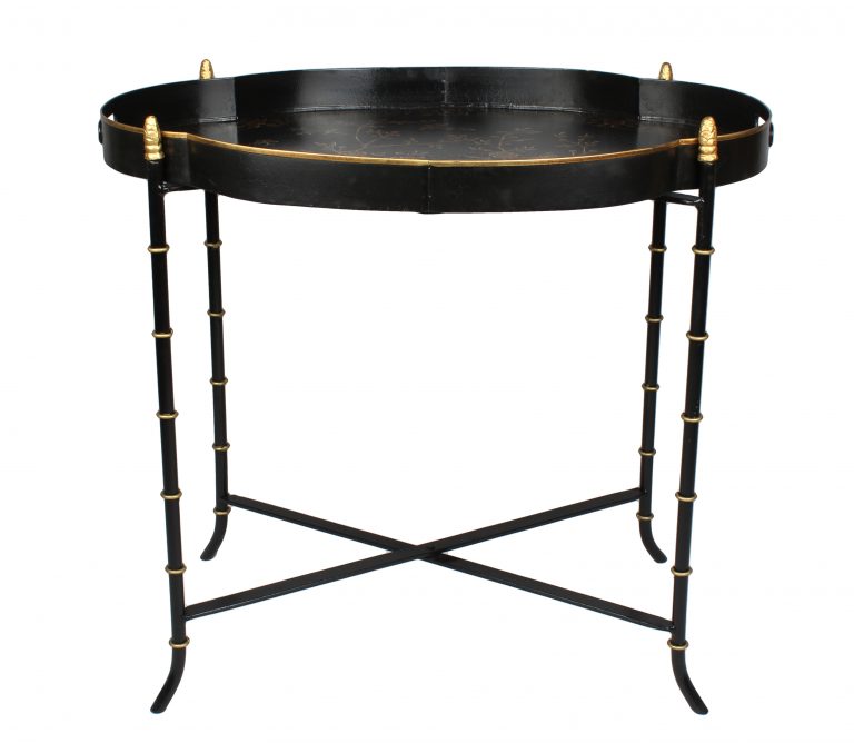 Black & Gold Scalloped Tray Table Hand Painted With Vibrant Scenic Design