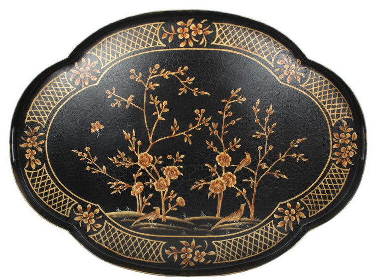 Black & Gold Scalloped Tray Table Hand Painted With Vibrant Scenic Design