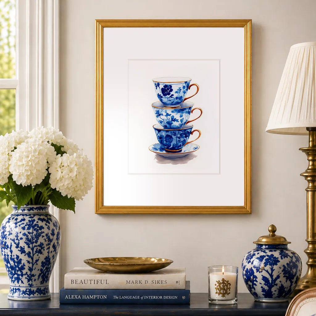 Blue and white chinoiserie teacup wall art in 16x20 antique gold frame styled above console with hydrangeas, ginger jar, and brass accents
