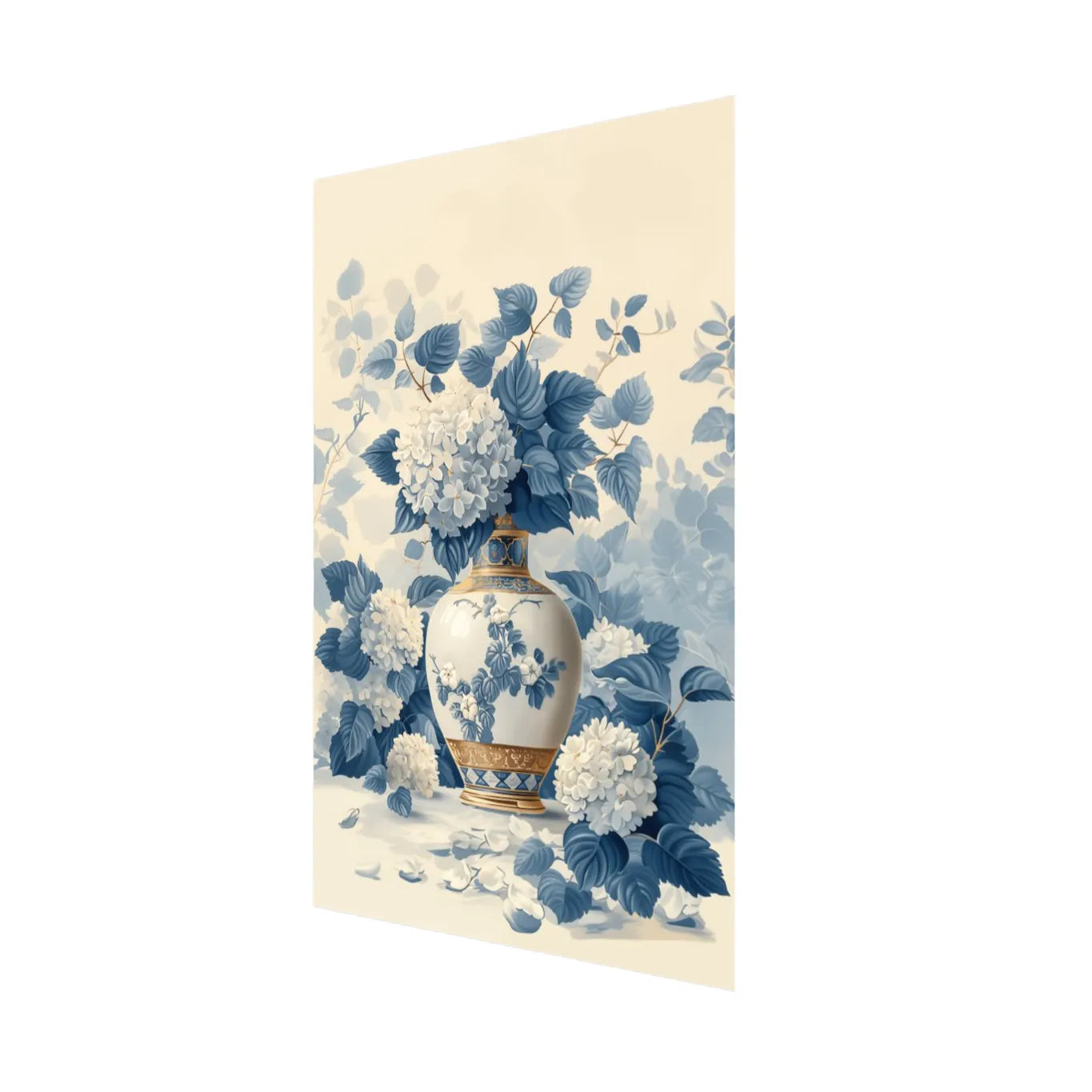 Blue and white chinoiserie hydrangea floral arrangement in porcelain vase, soft neutral background, painterly botanical wall art print side angle