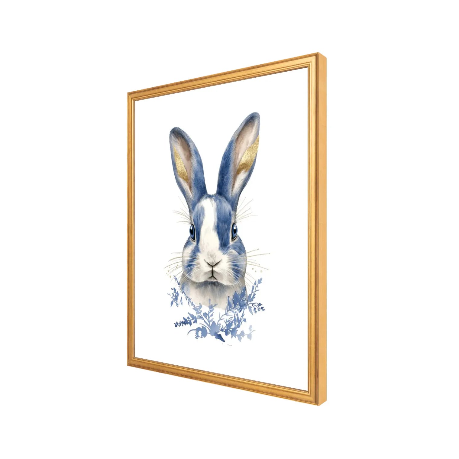 Angled view of a blue and white rabbit portrait fine art print in a certificate gold frame with a clean white background
