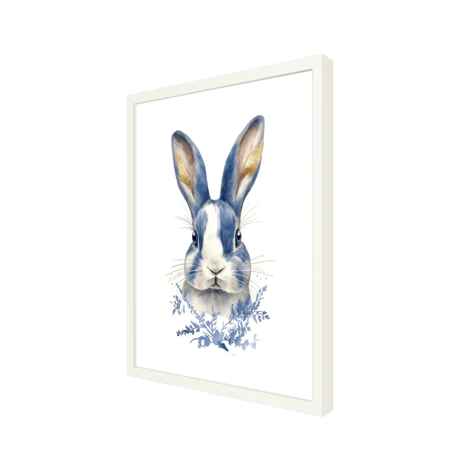 Angled view of a blue and white rabbit portrait fine art print in a white frame, highlighting the artwork’s refined and minimalist presentation