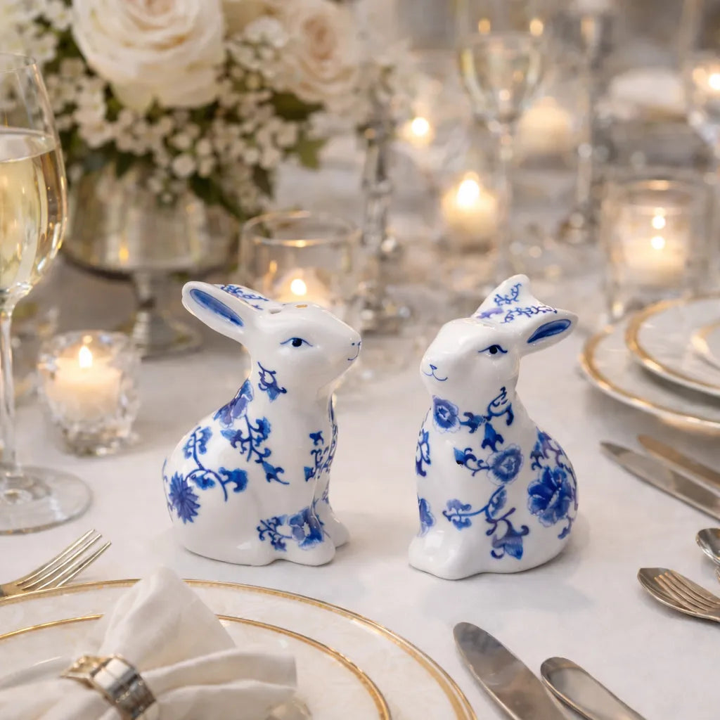 Blue Bunny Porcelain Salt and Pepper Shakers Hand-Painted Easter Spring Decor