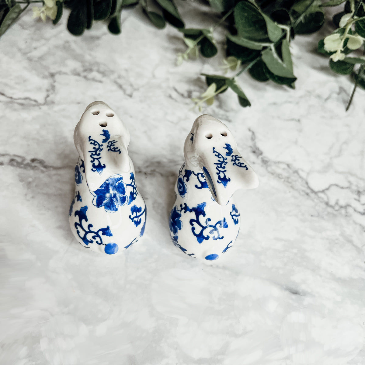 Blue Bunny Porcelain Salt and Pepper Shakers Hand-Painted Easter Spring Decor