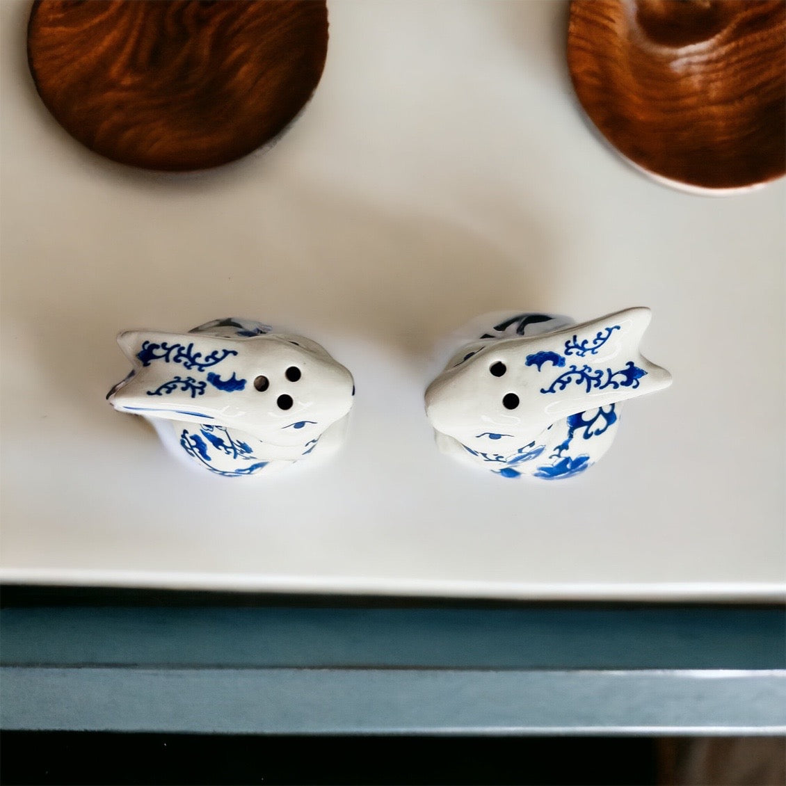 Blue Bunny Porcelain Salt and Pepper Shakers Hand-Painted Easter Spring Decor