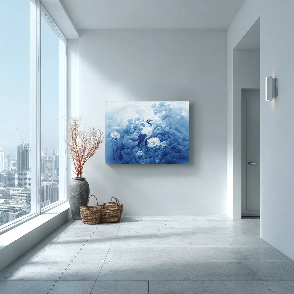 Modern interior with a painting of a blue bird in a cloud on a white wall.