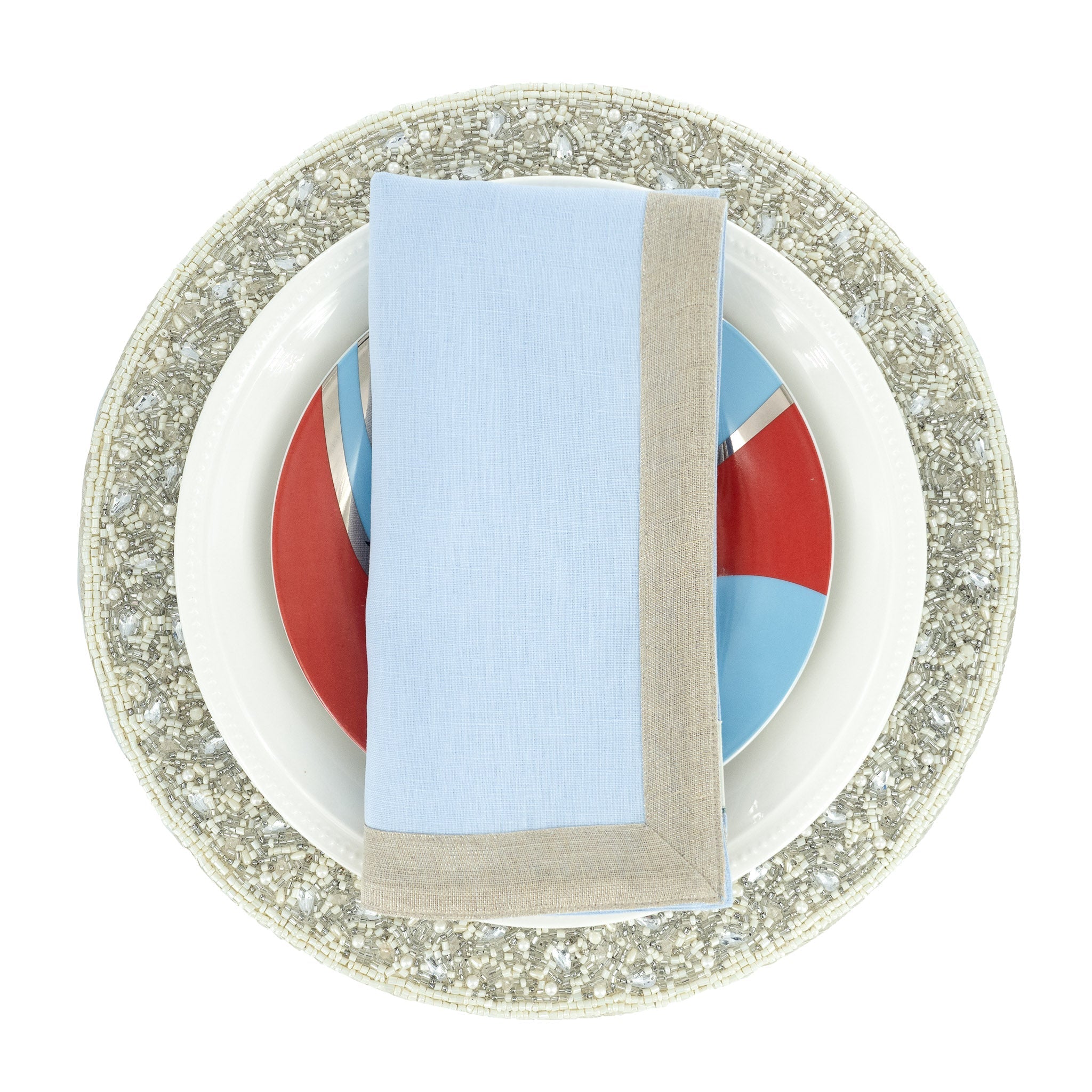 Blue Linen Napkins With Sparkle Borders, Set of 4