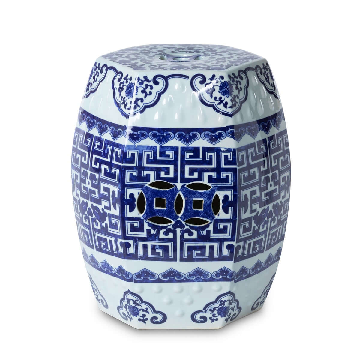 Blue and white ceramic garden stool with intricate patterns on a white background