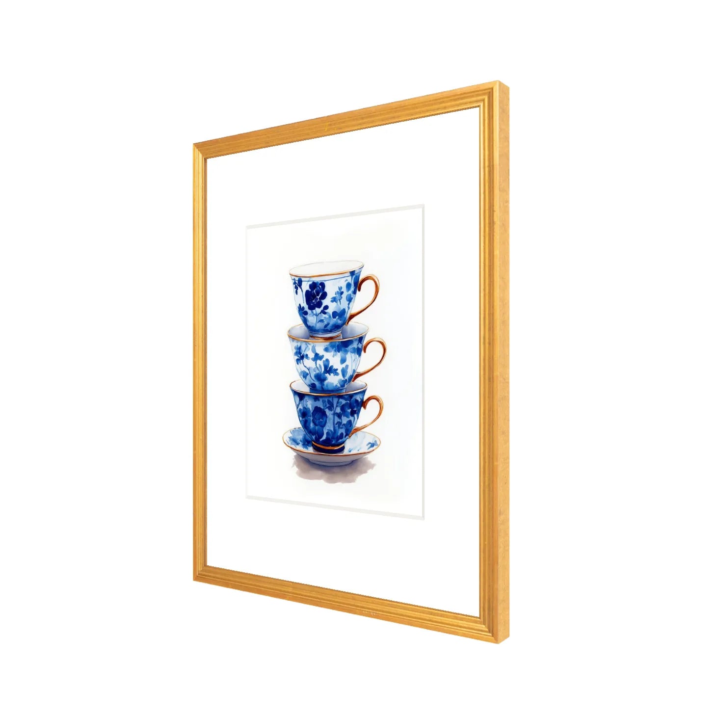 Blue and white teacup chinoiserie artwork in 16x20 antique gold frame angled view showing depth and gallery matting