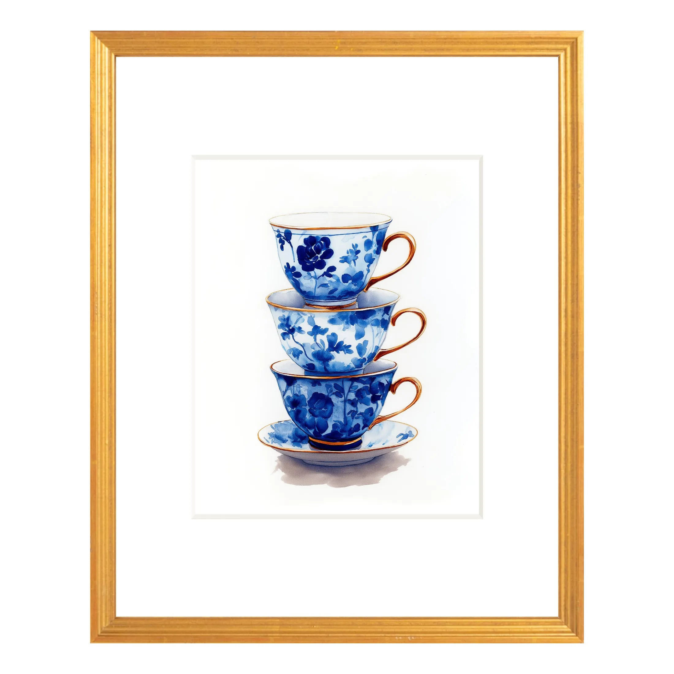 Blue and white chinoiserie teacup wall art in 16x20 antique gold frame with white mat on neutral background