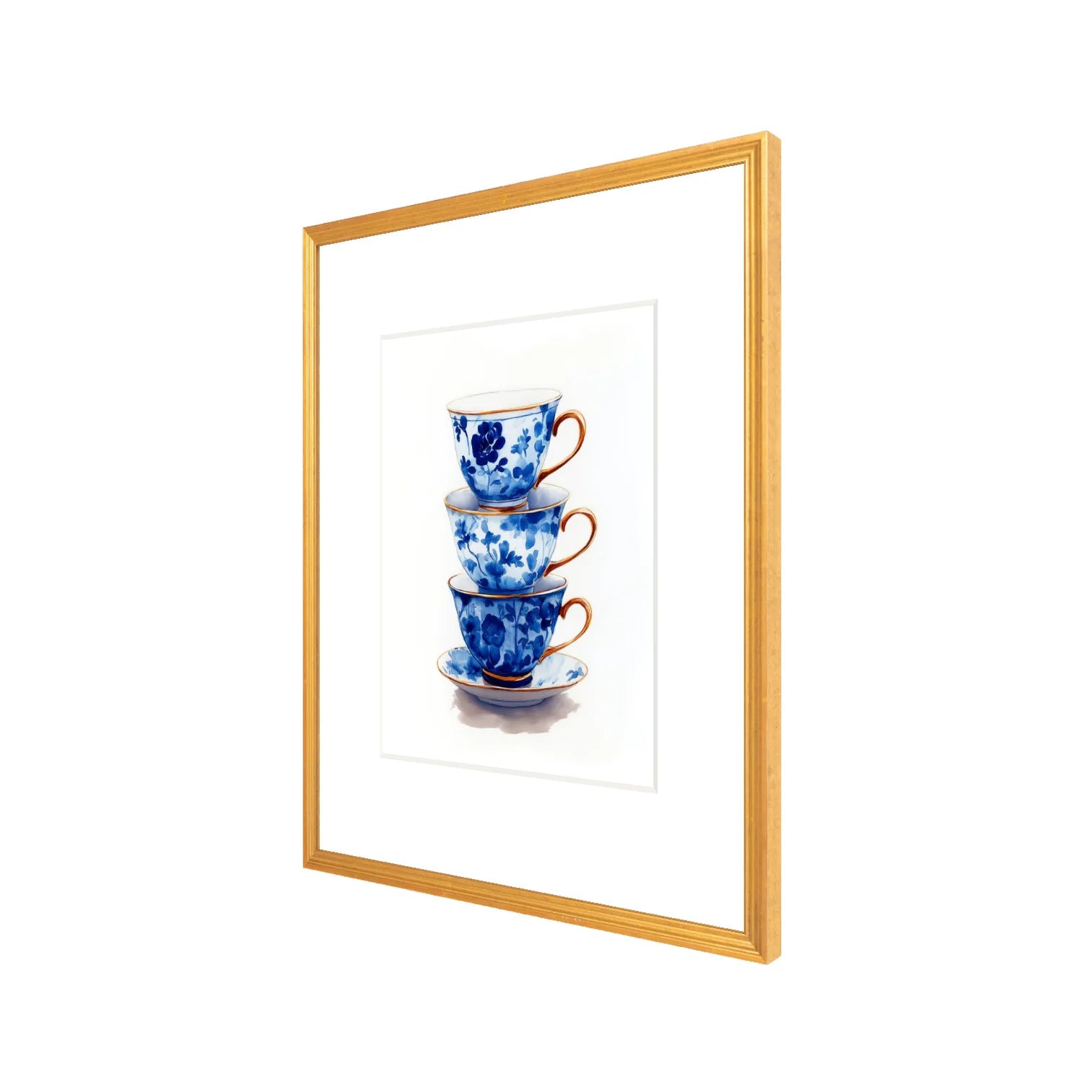 Blue and white teacup chinoiserie artwork in 20x24 antique gold frame angled perspective with gallery mat detail