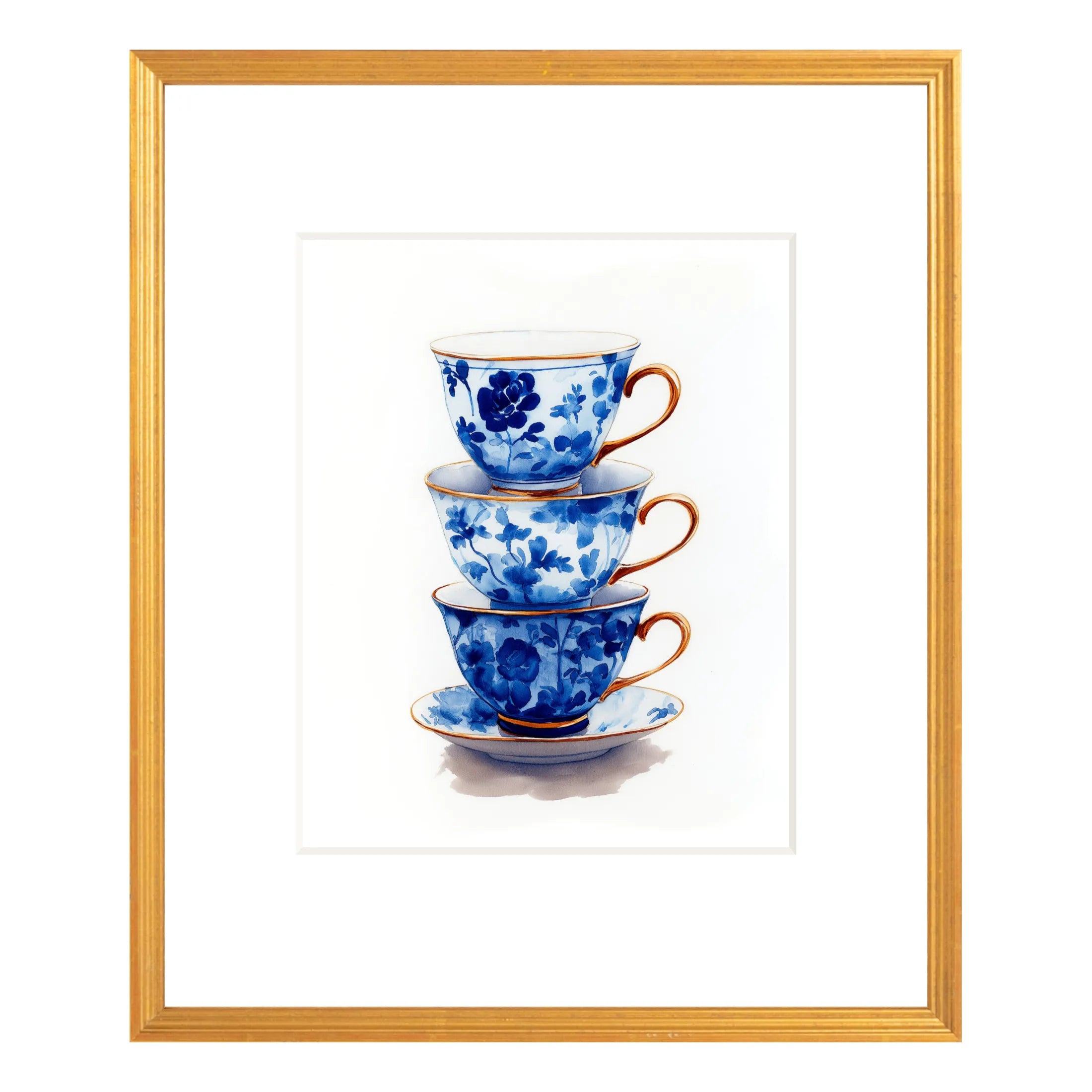 Blue and white chinoiserie teacup wall art in 20x24 antique gold frame with white mat centered composition
