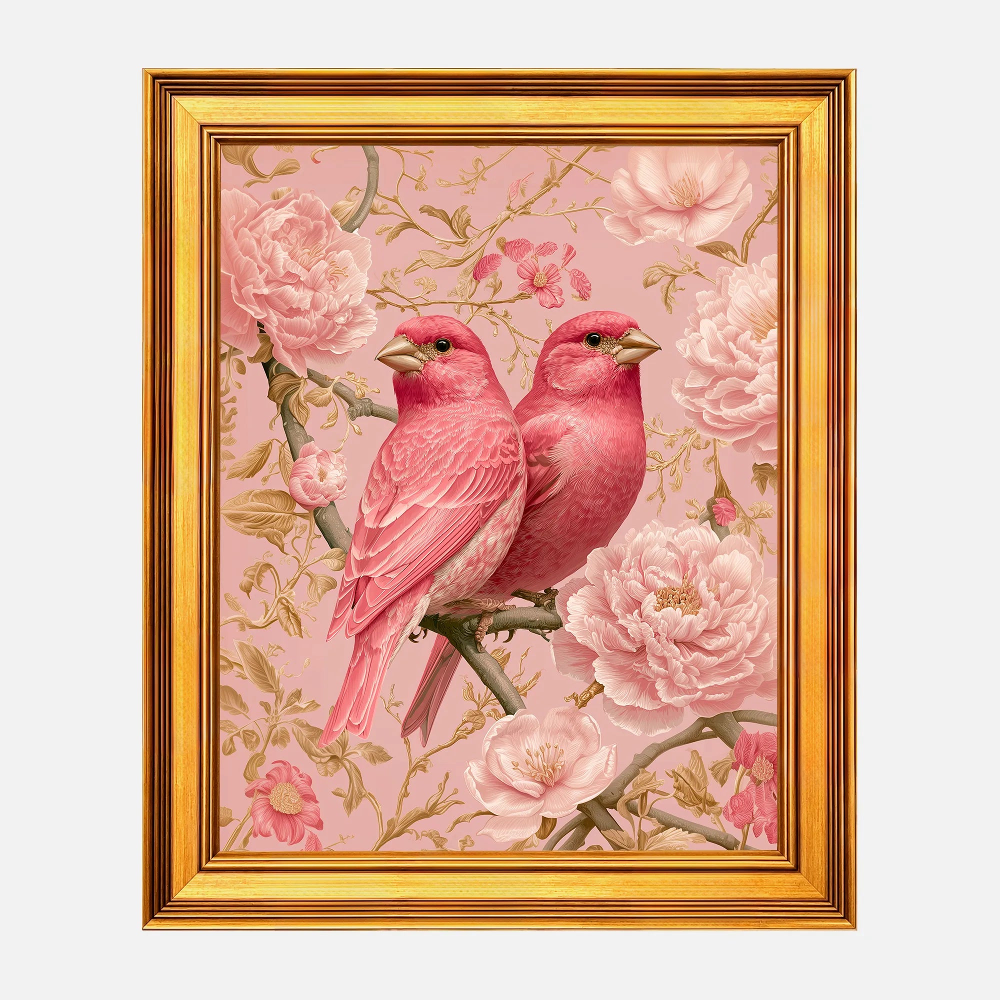 Blush Finches in Pink Peonies framed wall art in a burnished antique gold frame, 16 x 20 inch print size with 19.5 x 23.5 inch framed dimensions.
