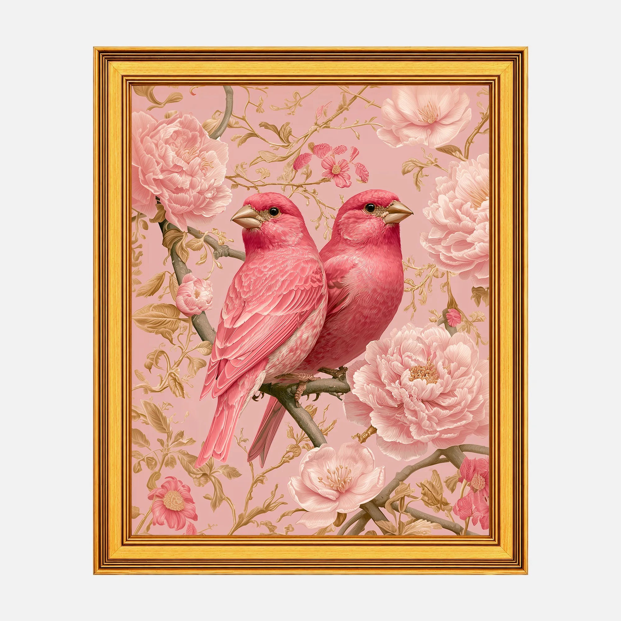 Blush Finches in Pink Peonies framed fine art print in a burnished antique gold frame, 20 x 25 inch print size with 23.5 x 28.5 inch framed dimensions.