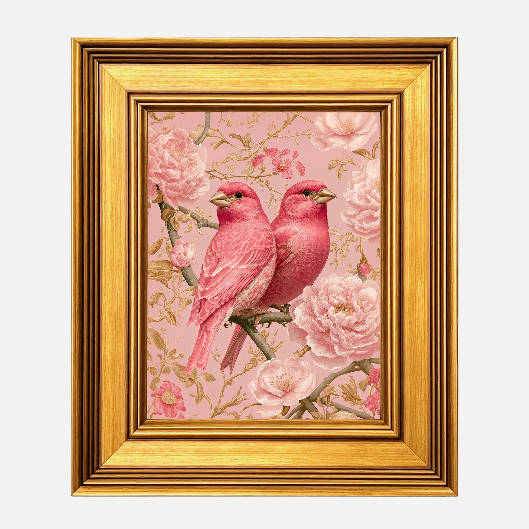 Blush Finches in Pink Peonies framed wall art in a burnished antique gold frame, 8 x 10 inch print size with 11.5 x 13.5 inch framed dimensions.