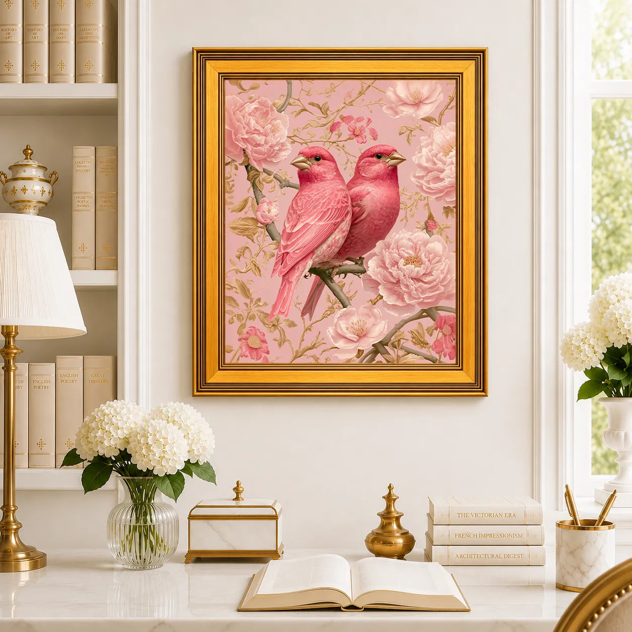 Large Blush Finches in Pink Peonies framed wall art displayed in a traditional study with peonies, antique books, brass accents, and a burnished antique gold frame.