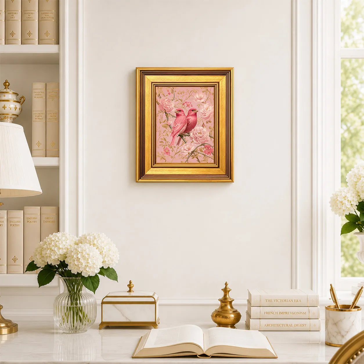 Small Blush Finches in Pink Peonies framed wall art displayed in an elegant traditional study with antique books, peonies, brass accents, and a burnished antique gold frame.