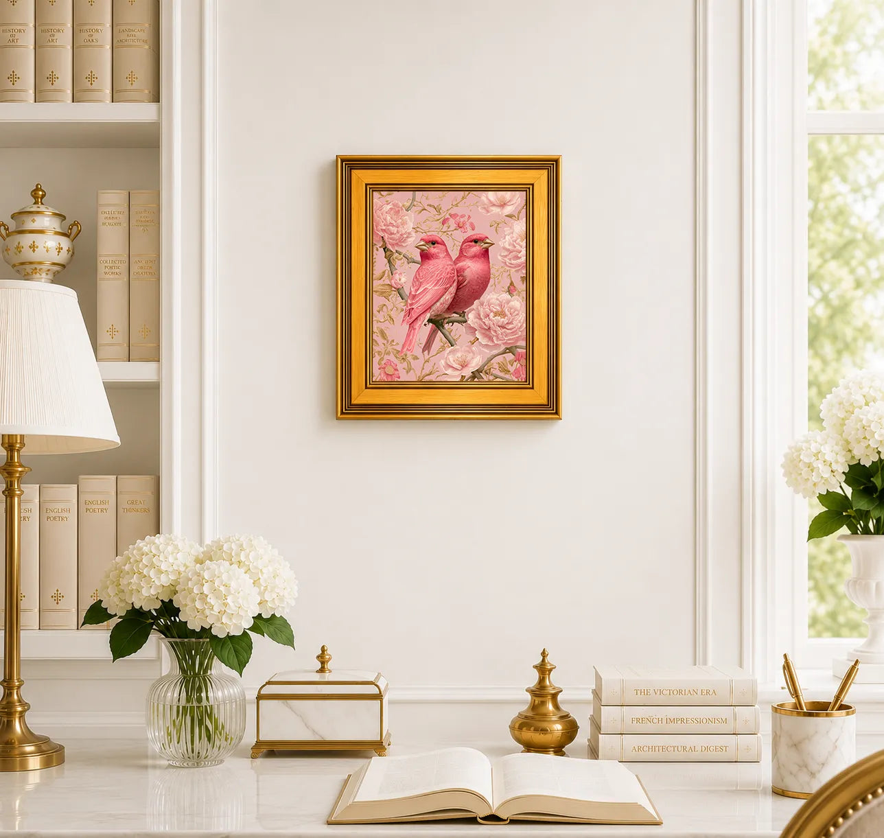 Small Blush Finches in Pink Peonies framed wall art displayed in an elegant traditional study with antique books, peonies, brass accents, and a burnished antique gold frame.