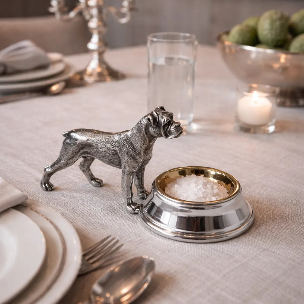 Silver Boxer dog-shaped salt cellar on a table with plates, cutlery, and a candle.
