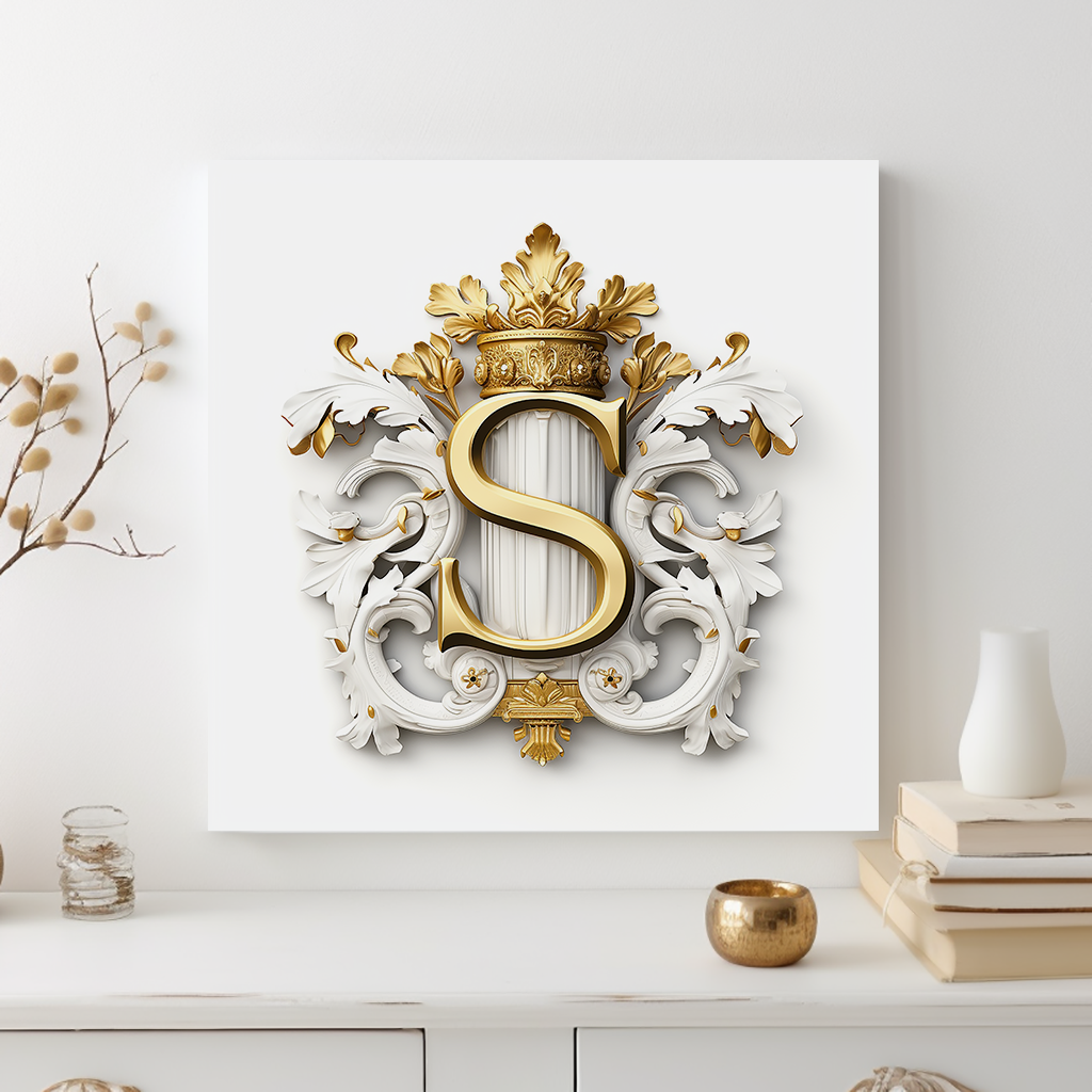 Monogram S Wall Art - Canvas Print Gallery Wrap - Single Initial Letter with Crown - White and Gold
