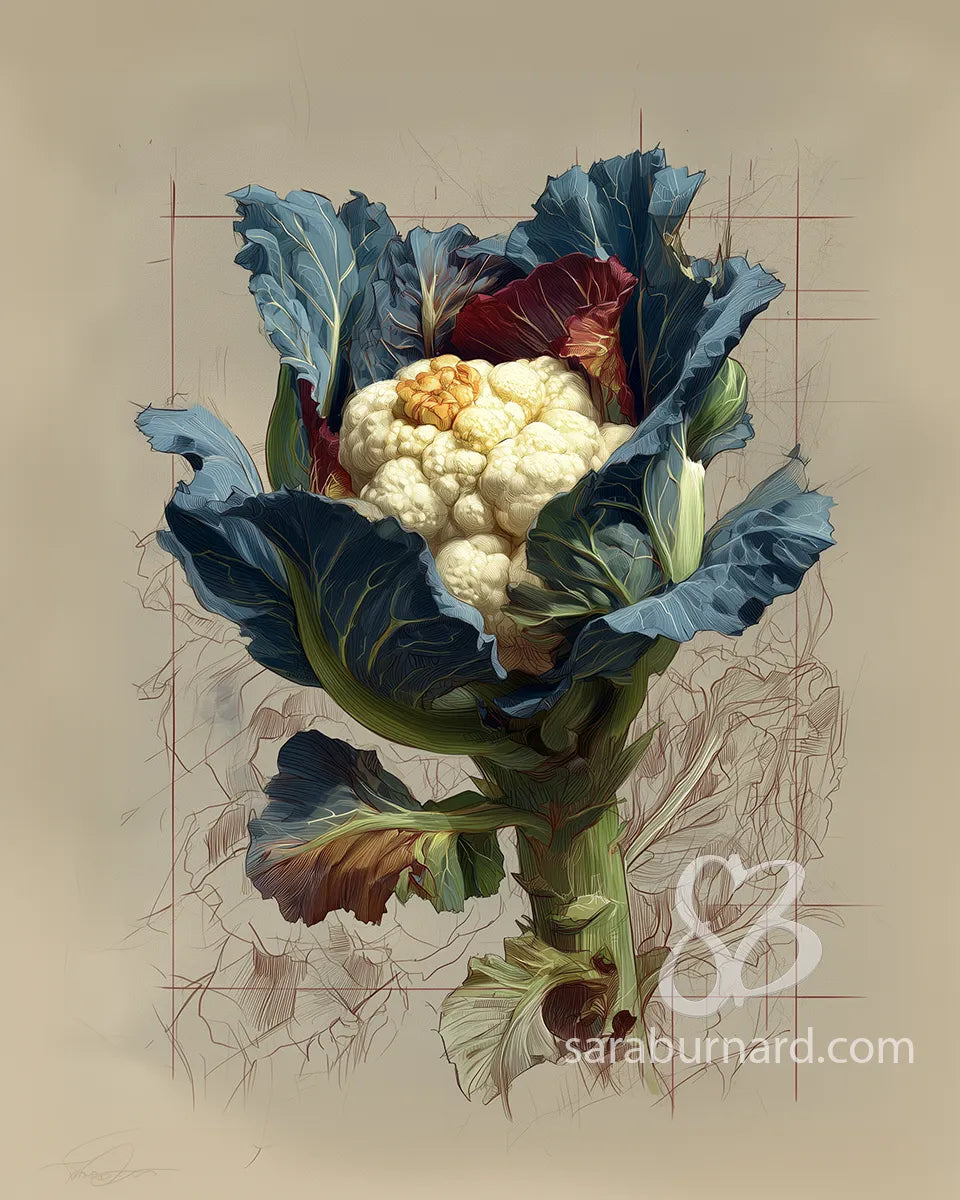 Illustration of a cauliflower with blue leaves on a beige background