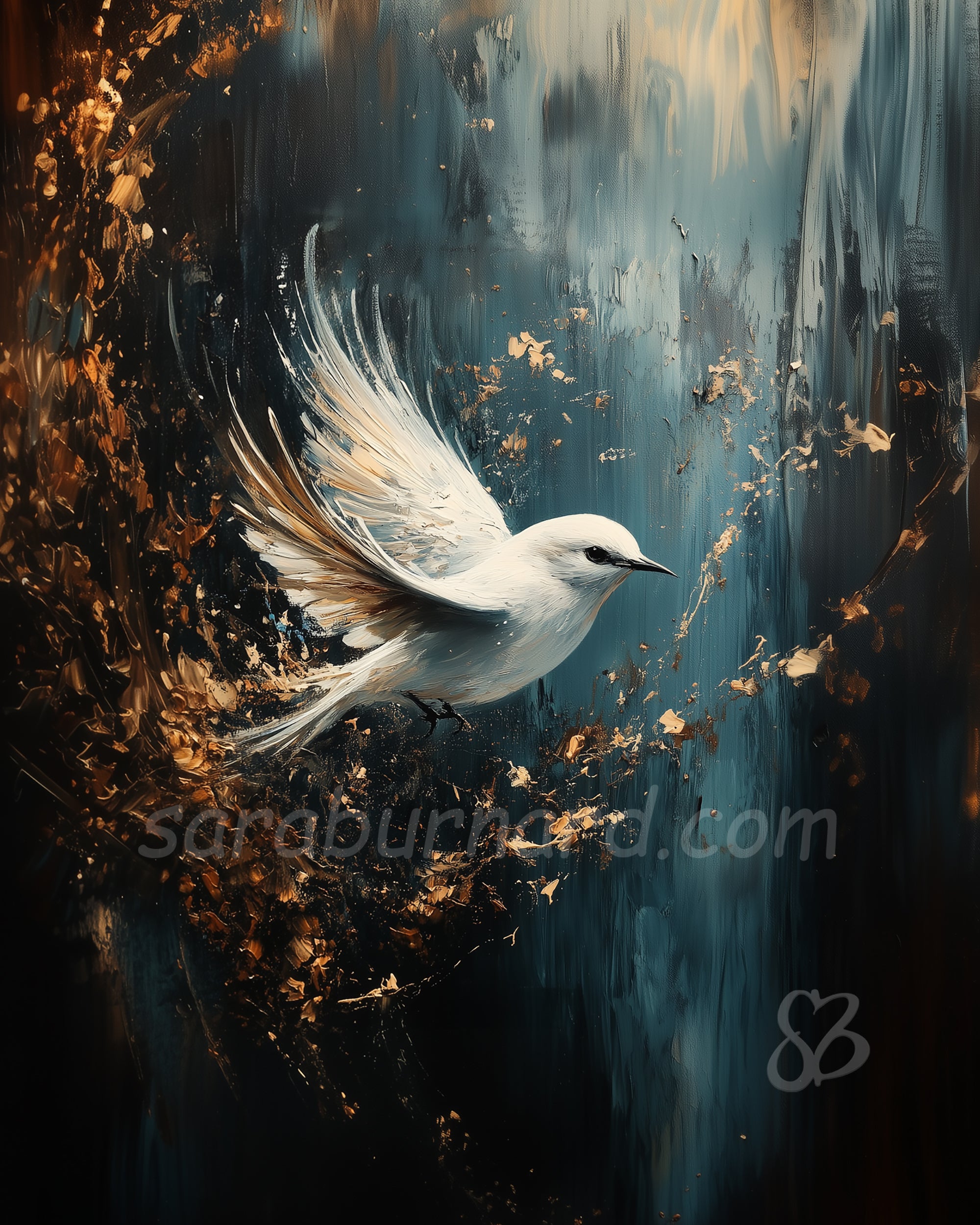 White bird painting with abstract dark and gold background